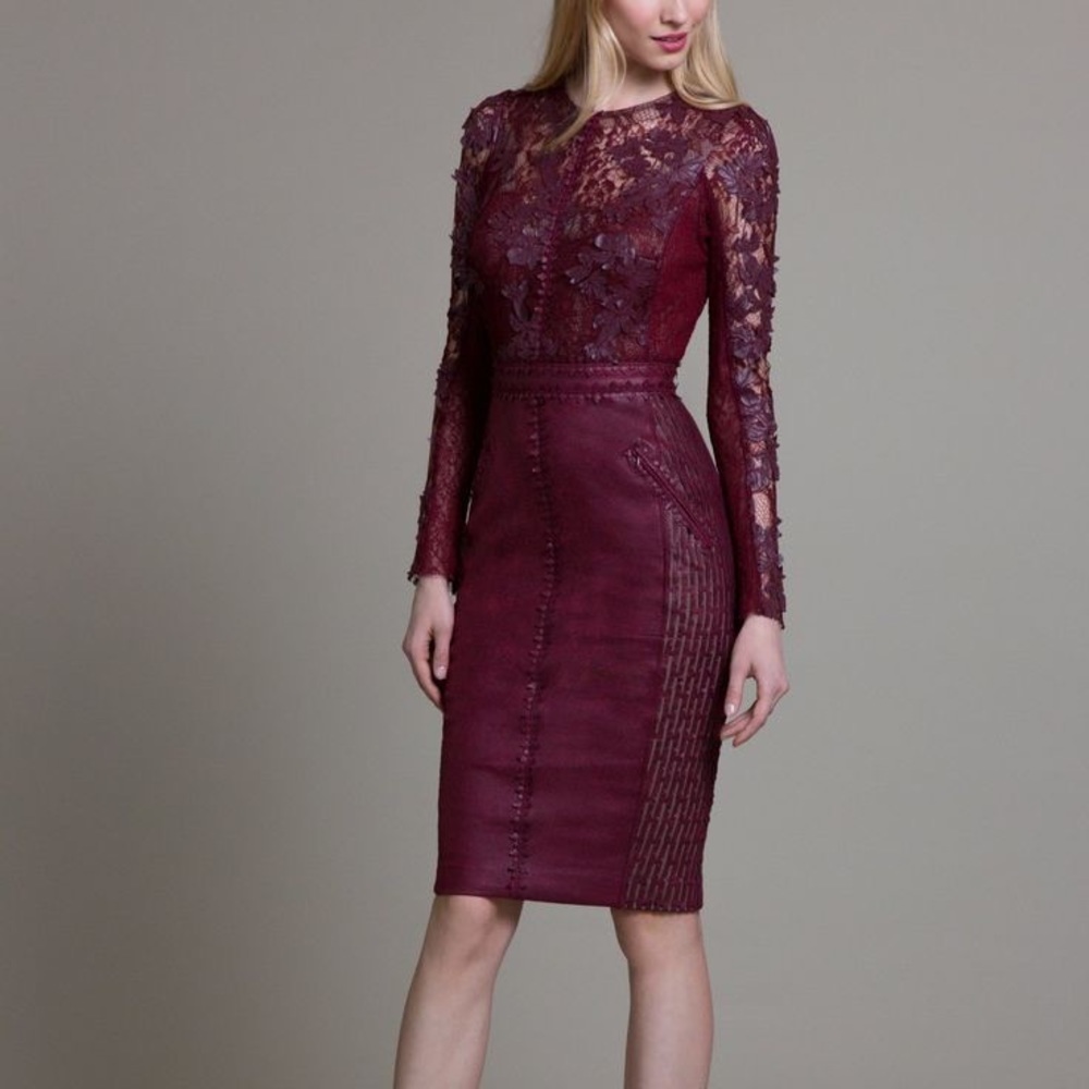 Byron Lars Vegan Leather Lace Duet Sheath Dress 0 in Merlot